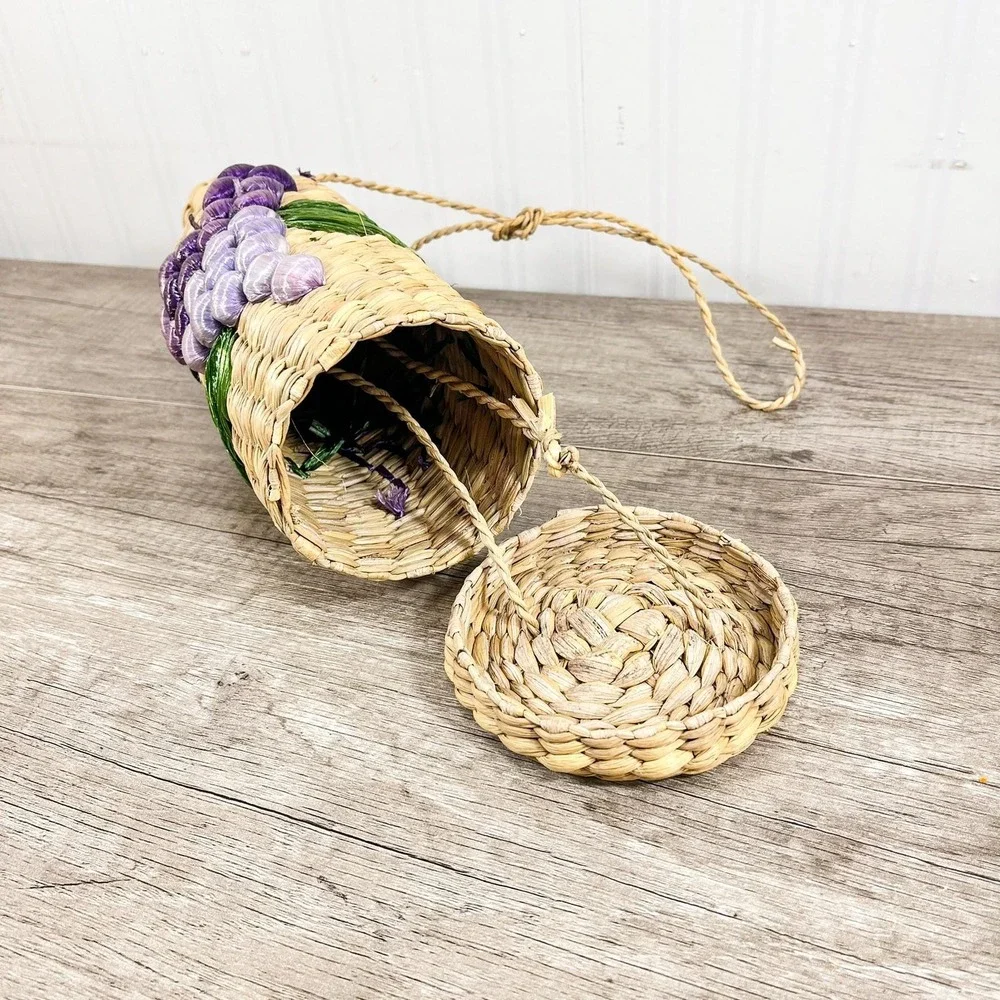 1970s Wine Bottle Holder, Hand-Woven Sea Grass Grapes & Leaves | Boho Bar Decor‎